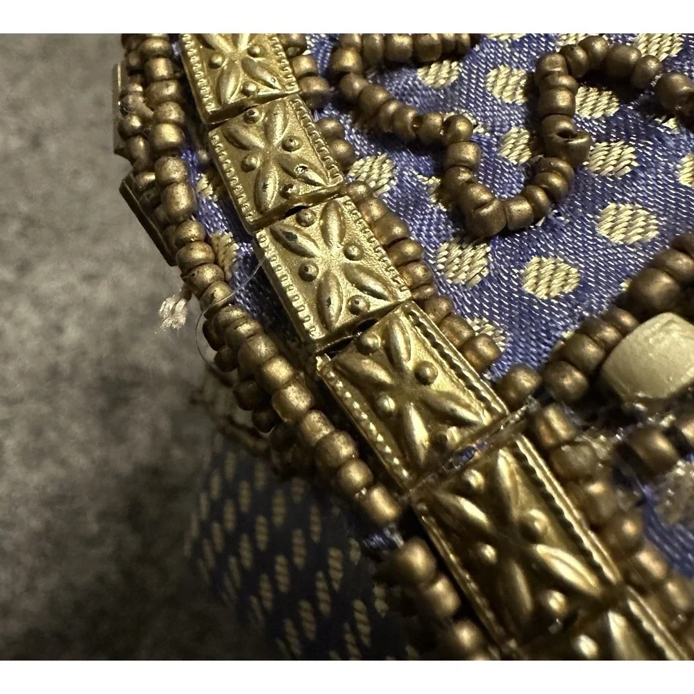 Fortune Cookie Bag Purse Wristlet Blue/Purple w/ Gold color Beads w/ Embroidery